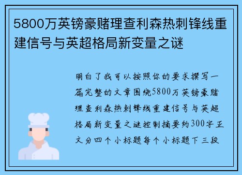 5800万英镑豪赌理查利森热刺锋线重建信号与英超格局新变量之谜