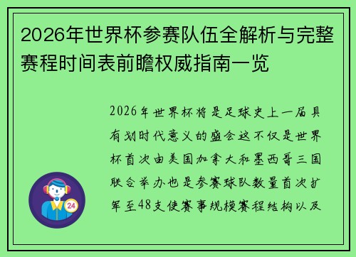 2026年世界杯参赛队伍全解析与完整赛程时间表前瞻权威指南一览